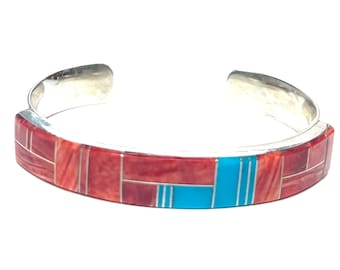 Native American Zuni handmade Sterling Silver Turquoise and Coral Inlay cuff bracelet