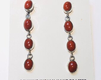 Native American Navajo handmade sterling silver and Mediterranean coral drop earrings