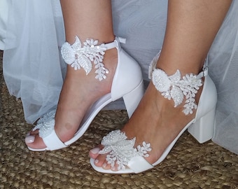 Wedding shoes, handmade bridal shoes, bridal heels, block heel wedding white leather sandals,  Pearl wedding shoes
