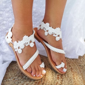 Wedding sandals, bridal sandals, greek sandals, white sandals, flower lace, pearls, beach sandals, Kallipous sandals