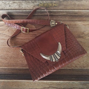 Leather croco-printed cross-body bag, handmade leather women bag, tabac bag, cow leather bag