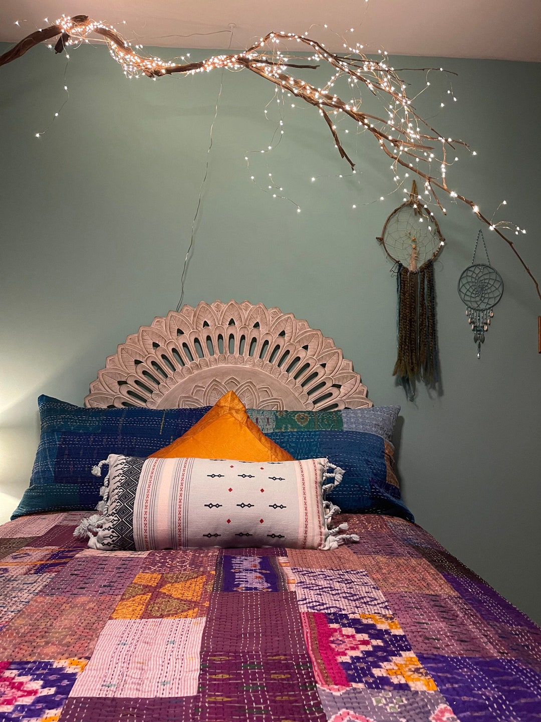 Vintage Silk and Cotton Kantha Bedspread Boho Chic Original Bedding