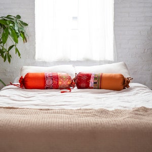 Vintage Silk Kantha Bolster Pillow-Hand-Stitched Indian Sari Raw Silk Round Neck Pillow Case 22x9&quot; - Rich Colors Accents-OOAK Unique Style&quot;