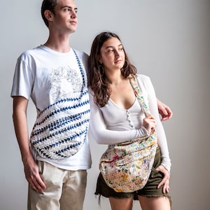 Boho Style Stoff Sling Bag | Baumwoll-Blockprint & Kantha Stitch | Crossbody Geldbörse, Schultertasche, Casual Fashion