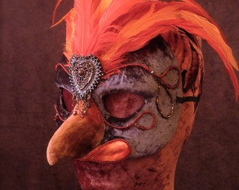 Retro Scarlet Bird mask, Handmade feathered bird mask, velvet beaded masquerade mask, vintage style mask, FREE SHIPPING, 20's accessories