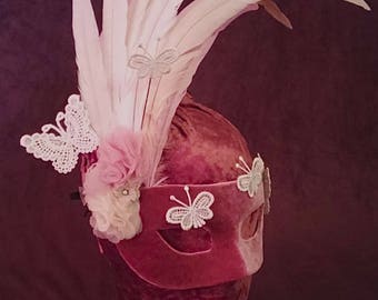 Incurably Romantic Mask, pink and cream feathered mask, FREE SHIPPING, bridal style mask, Fairy mask with butterflies and flowers