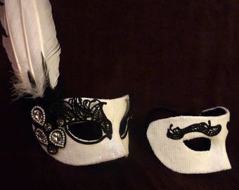 Black & White Masquerade Couple masks, set of two black and white matching masks, FREE SHIPPING, sequined and feathered vintage style mask