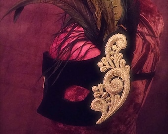 Black & Gold Mask, luxurious black velvet eye mask, feathered black masquerade mask, FREE SHIPPING, gold and black party mask