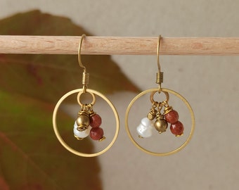 Brass hoop earrings with golden sandstone beads and freshwater pearl, geometric circle earrings, bohemian earrings, long earrings