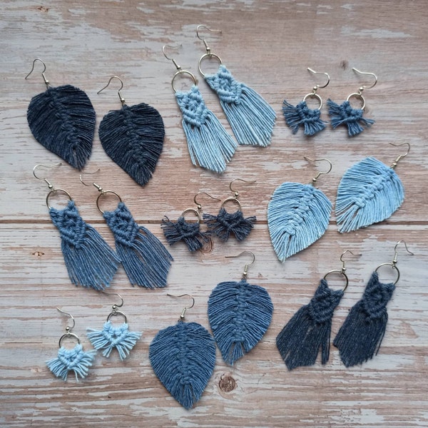 Denim blue earrings, macrame feather earrings, leaf earrings, light cotton earrings, boho earrings, hippie earrings, fringes