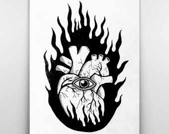 Heart on Fire. Black & White Ink on Canvas 20" x 16"
