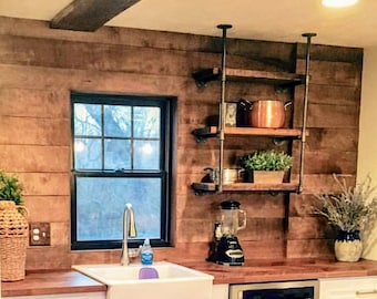 Open Kitchen Shelving, Urban Industrial floating shelves. Farmhouse Kitchen Shelving, Rustic Wall Shelves, Pipe Shelving, Floating Shelves
