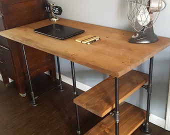 Pipe Desk with shelves, Home Office Desk, Industrial Pipe Desk, Wood office desk, Reclaimed wood desk, Office desk, Wood and Steel Desk
