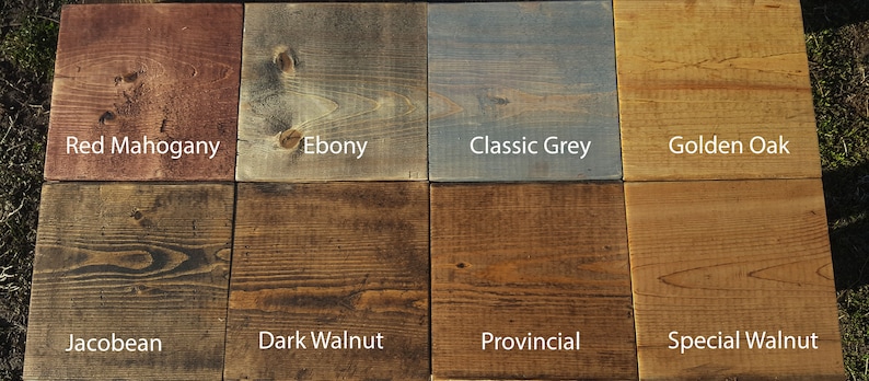 May include: Eight wood stain color swatches, each labeled with its name: Red Mahogany, Jacobean, Ebony, Dark Walnut, Classic Grey, Provincial, Golden Oak, Special Walnut.
