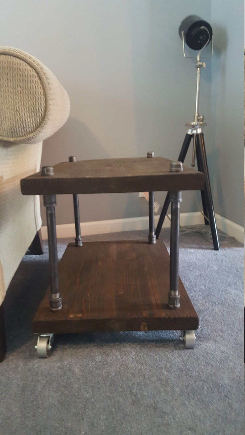 Industrial end table with wheels night stand reclaimed wood Etsy