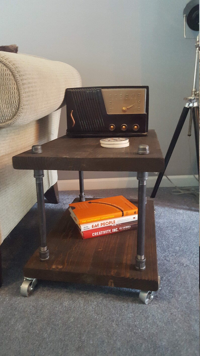 Industrial end table with wheels night stand reclaimed wood Etsy