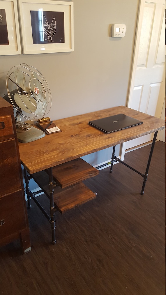 Industrial Desk With Shelves Steampunk Home Office Pipe And Wood Computer Large