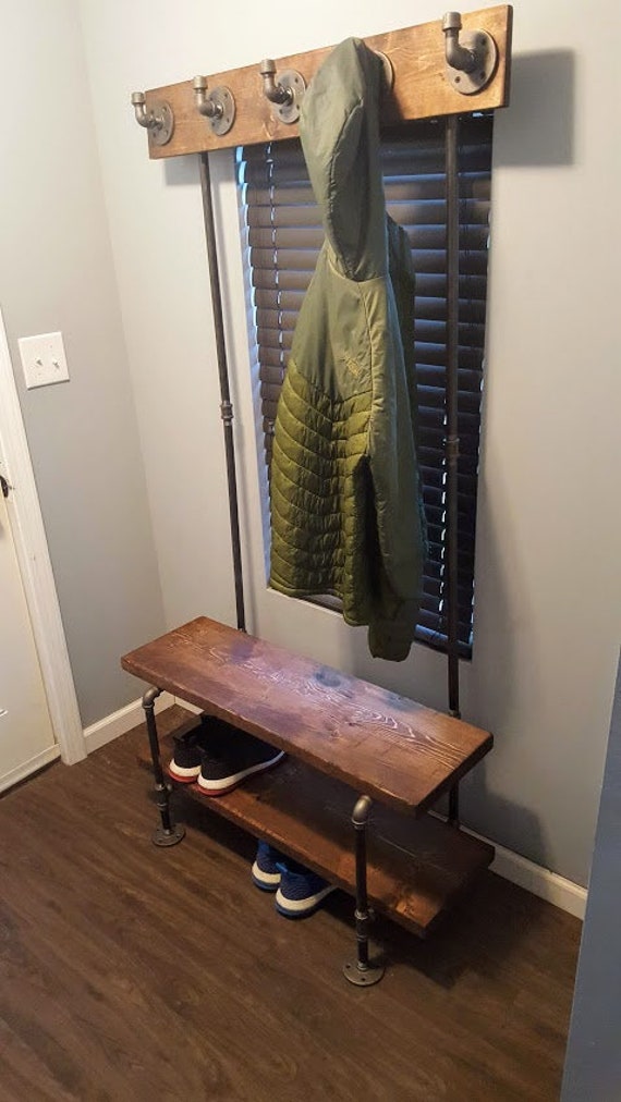 Entryway Bench With Coat Rack Wooden Bench Industrial Bench Etsy