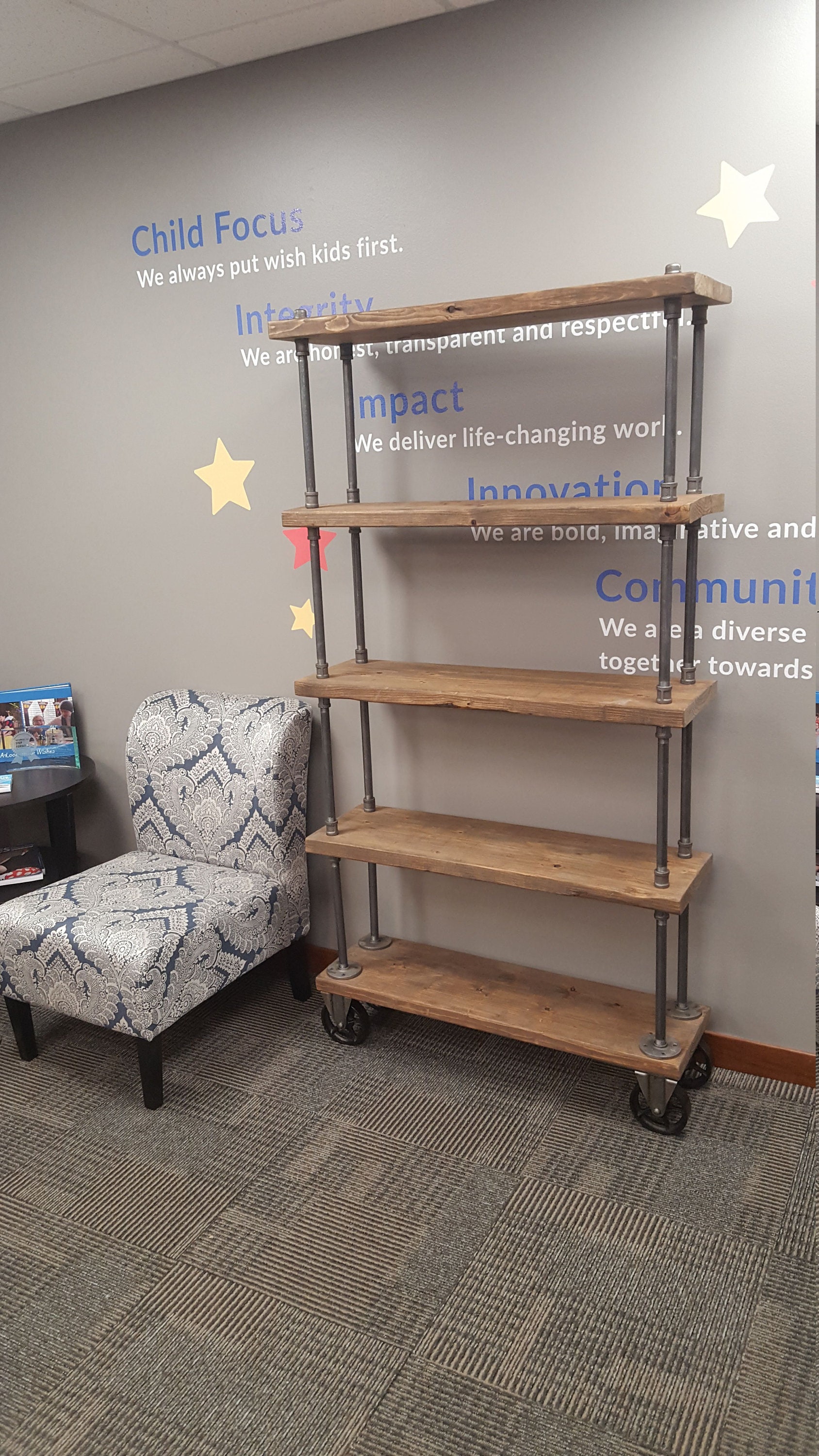 Bookcase With Casters Bookcase on Wheels Rustic Bookcase Wooden