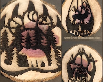 Wolf Deer or Bear Paw Print - Forest Silhouette Scenes - 3" Cedar Slice