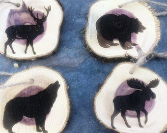 Cedar Slice Ornament - Wolf Bear Deer or Moose - Laser Engraved Rustic Ornament