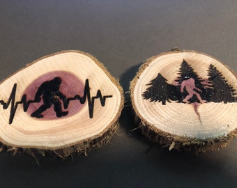 Cedar Engraved BigFoot in Forest or Big Foot Heartbeat - Slice, Ornament or Magnet