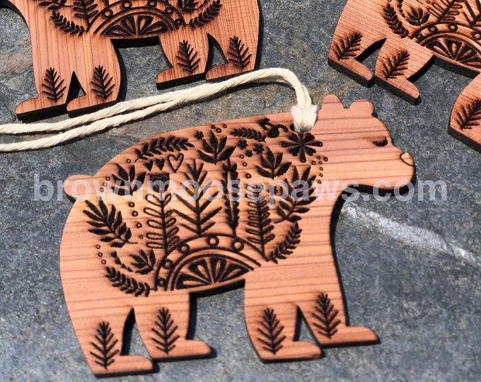 Featured listing image: Solid Cedar Carved Engraved Folk Bear Ornament - Scandinavian Style Pattern