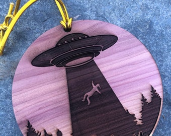 Red Cedar Ornament-  UFO - Alien Abduction "Believe"