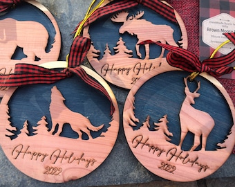 Laser Engraved/Cut Red Cedar Ornaments - Bear, Deer, Moose, or Wolf in the Forest - Happy Holidays 2022