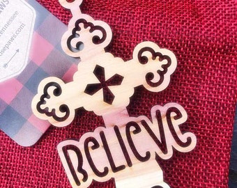 Red Cedar Cross Ornament - Laser Cut Scroll Detail with Believe