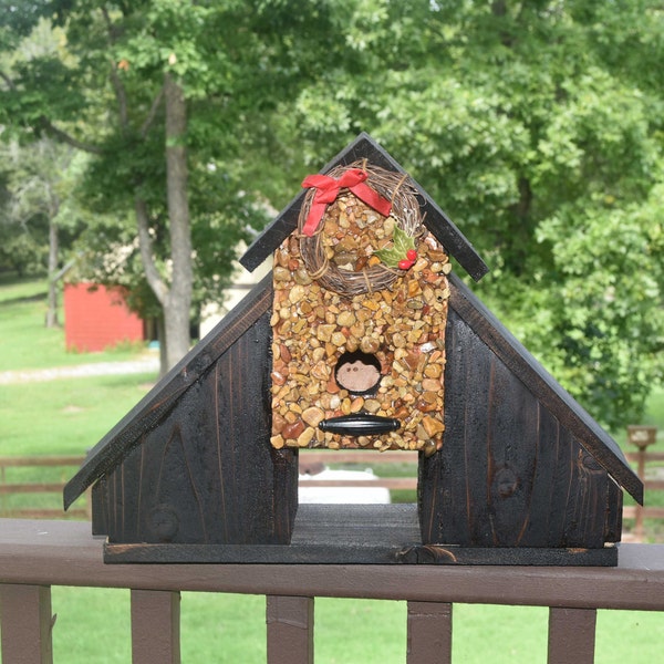 Rustic Barn Birdhouse Multi-Family Birdhouse Stone Covered with Removable Wreath Cedar Wood 3-in-1 Birdhouse