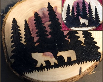 Red Cedar Slice Engraved with Bears or Wolf Howling in Forest 3"