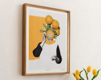 Hand cut collage artwork, art print, orange minimalist collage, woman portrait, citrus artwork, canadian artist, 8x10, 12x16, 18x24, 24x36