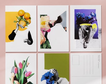 Floral postcard set, original hand cut collage artworks, spring, flowers, oranges, bouquet, portrait, 4x6, small print
