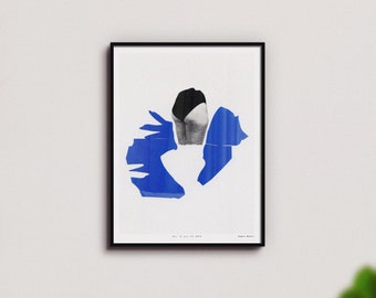 Hand cut collage artwork, art print, blue minimalist collage, woman portrait with her reflection, black and white, 8x10, 12x16, 18x24, 24x36