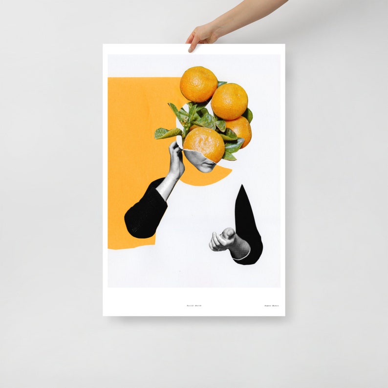 Hand cut collage artwork, art print, orange minimalist collage, woman portrait, citrus artwork, canadian artist, 8x10, 12x16, 18x24, 24x36 24×36 inches