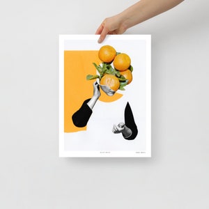 Hand cut collage artwork, art print, orange minimalist collage, woman portrait, citrus artwork, canadian artist, 8x10, 12x16, 18x24, 24x36 12×16 inches