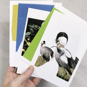 Postcard set, original hand cut collage artworks, portrait, birds, pandemic art, long distance gift, yellow blue green, 4x6, Canadian artist