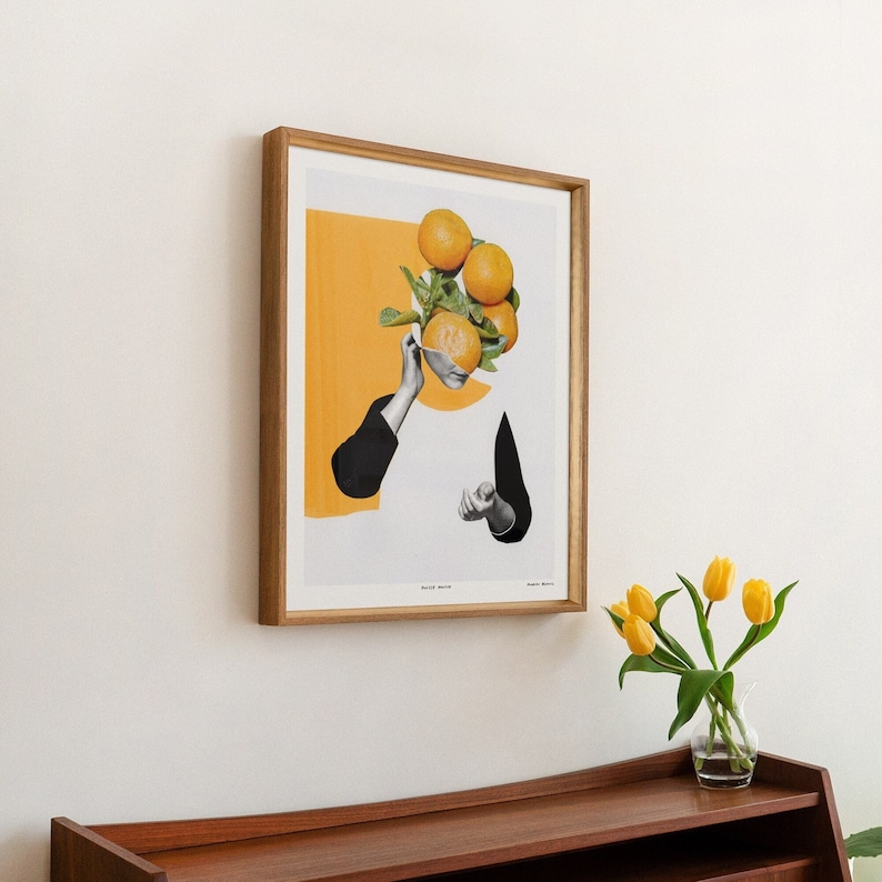 Hand cut collage artwork, art print, orange minimalist collage, woman portrait, citrus artwork, canadian artist, 8x10, 12x16, 18x24, 24x36 image 1