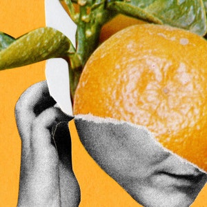 Hand cut collage artwork, art print, orange minimalist collage, woman portrait, citrus artwork, canadian artist, 8x10, 12x16, 18x24, 24x36 image 3