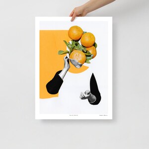 Hand cut collage artwork, art print, orange minimalist collage, woman portrait, citrus artwork, canadian artist, 8x10, 12x16, 18x24, 24x36 18×24 inches
