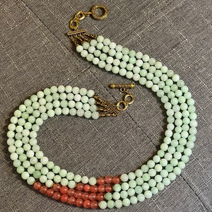 Seafoam Green and Pale Coral Gemstone 4-Strand 8mm Beaded Necklace