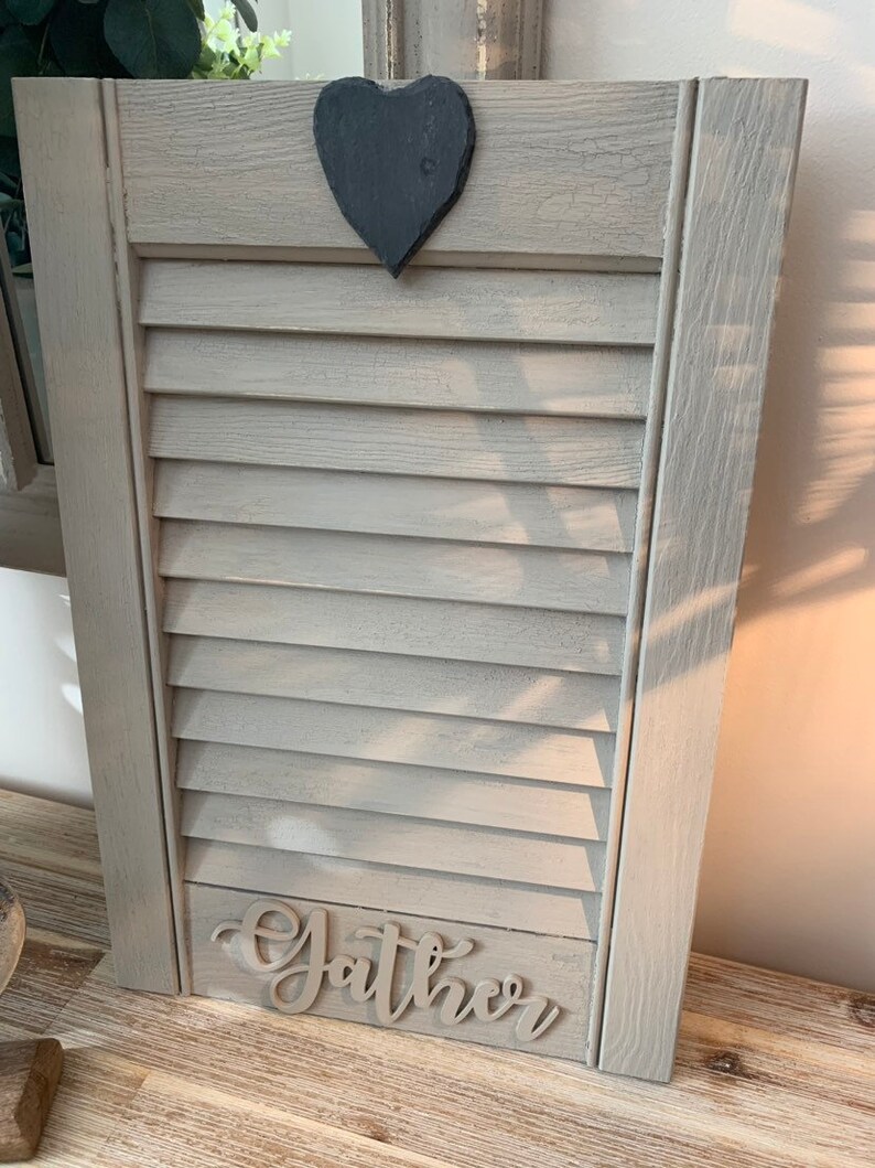 Stunning taupe crackle weathered effect vintage style wooden shutter rustic design gather and slate heart shutters painted and aged effect