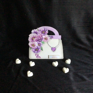 Handbag Shaped Birthday Card, Pink & Purple Clusters, Personalise, Handmade in the UK