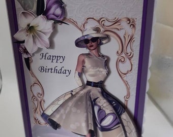 Elegant Lady Birthday Card, Any Age 30th,40th,50th,60th,70th,75th,Card 3 D Decoupage,  Personalise, Handcrafted in the UK,/04