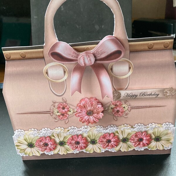 Handbag Shaped 3D Decoupage Daisies Card, Happy Birthday Card, Personalise, Handmade In the UK