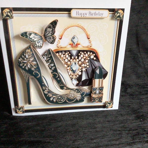 Glitsy Shoes And Bag, Happy Birthday Card, Black and Gold, Personalise, Handmade in the Uk