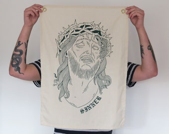 Sinner - Christ The Redeemer Screen Print Tapestry - Fabric Handmade Wall Hanging - Tattoo Occult Satanic Illustration Jesus Wicca Tapestry