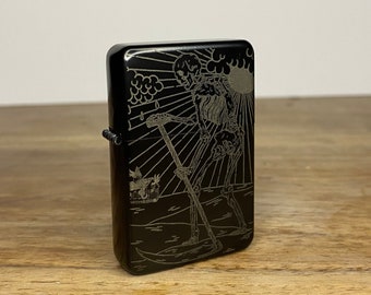 Death Tarot Card - Engraved - Handmade In The UK - Tattoo Occult Style Gift - Refillable Metal Lighter - Skeleton Skull Scythe Illustration