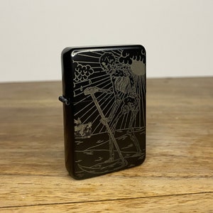 Death Tarot Card - Engraved - Handmade In The UK - Tattoo Occult Style Gift - Refillable Metal Lighter - Skeleton Skull Scythe Illustration